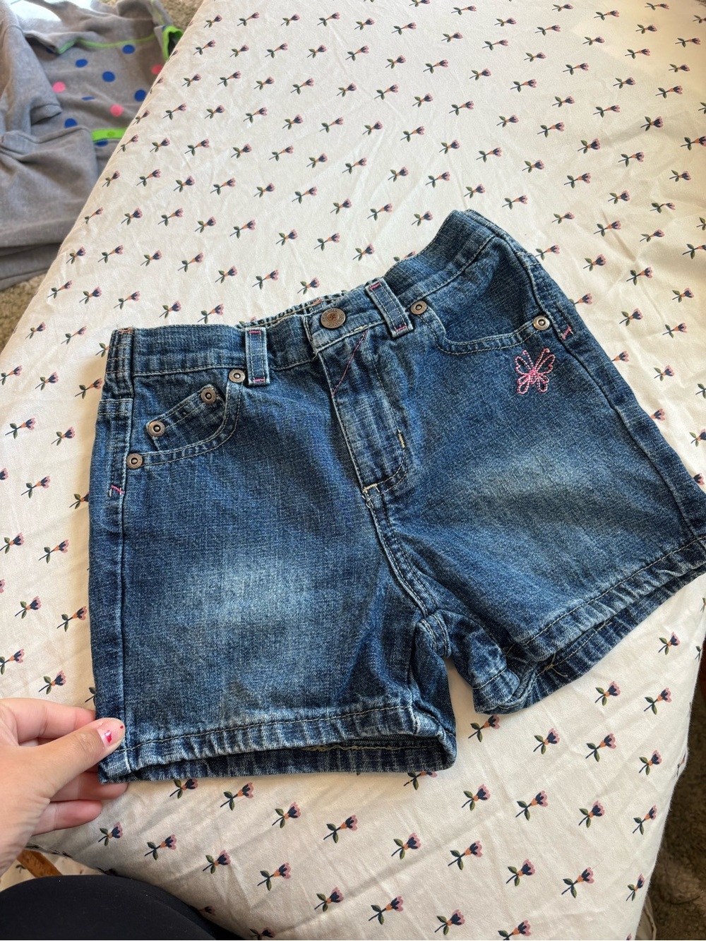 Girls' Blue Denim Shorts with Pink Butterfly Embroidery